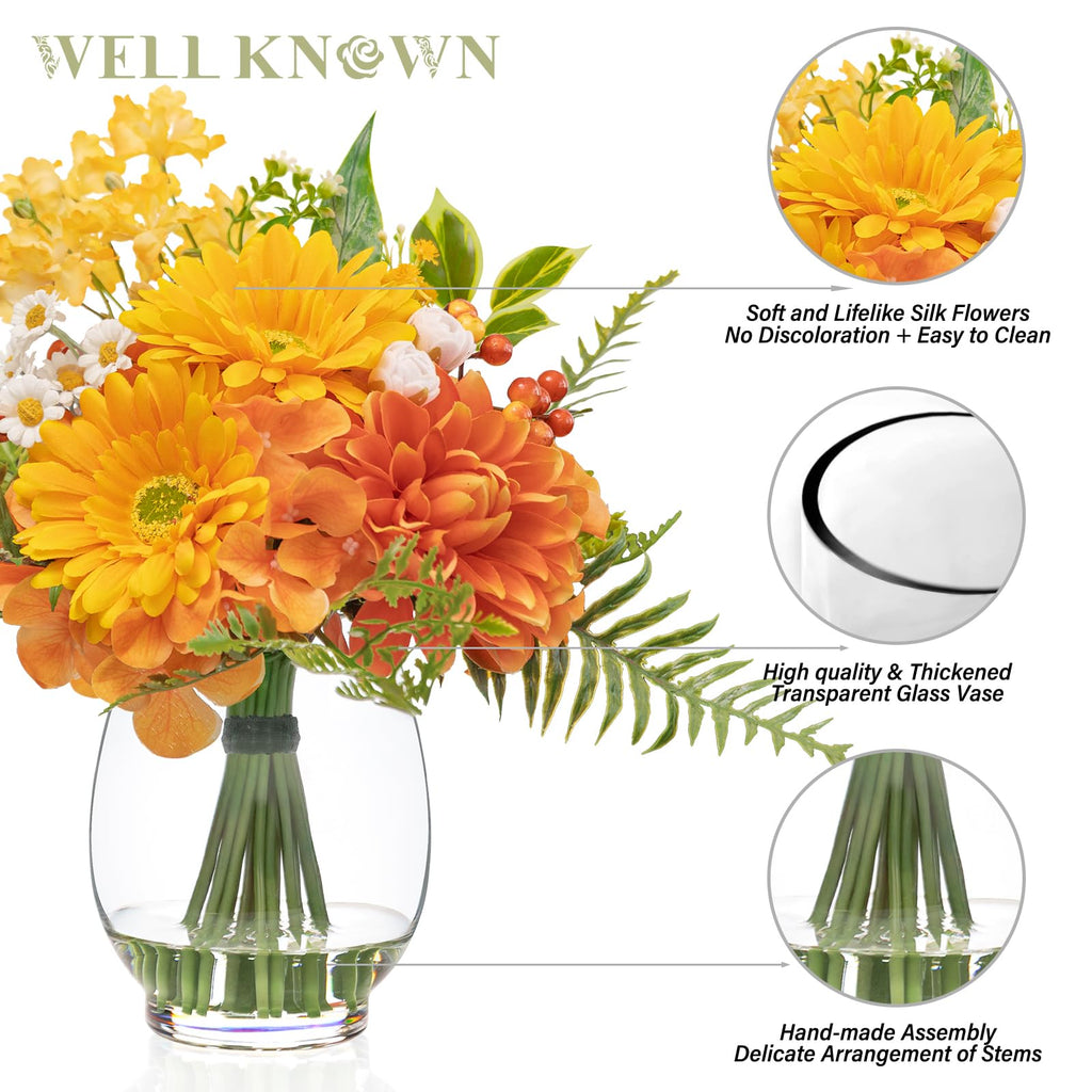 Artificial Flowers in Vase with Fake Water, Faux Silk Orange Yellow Flower