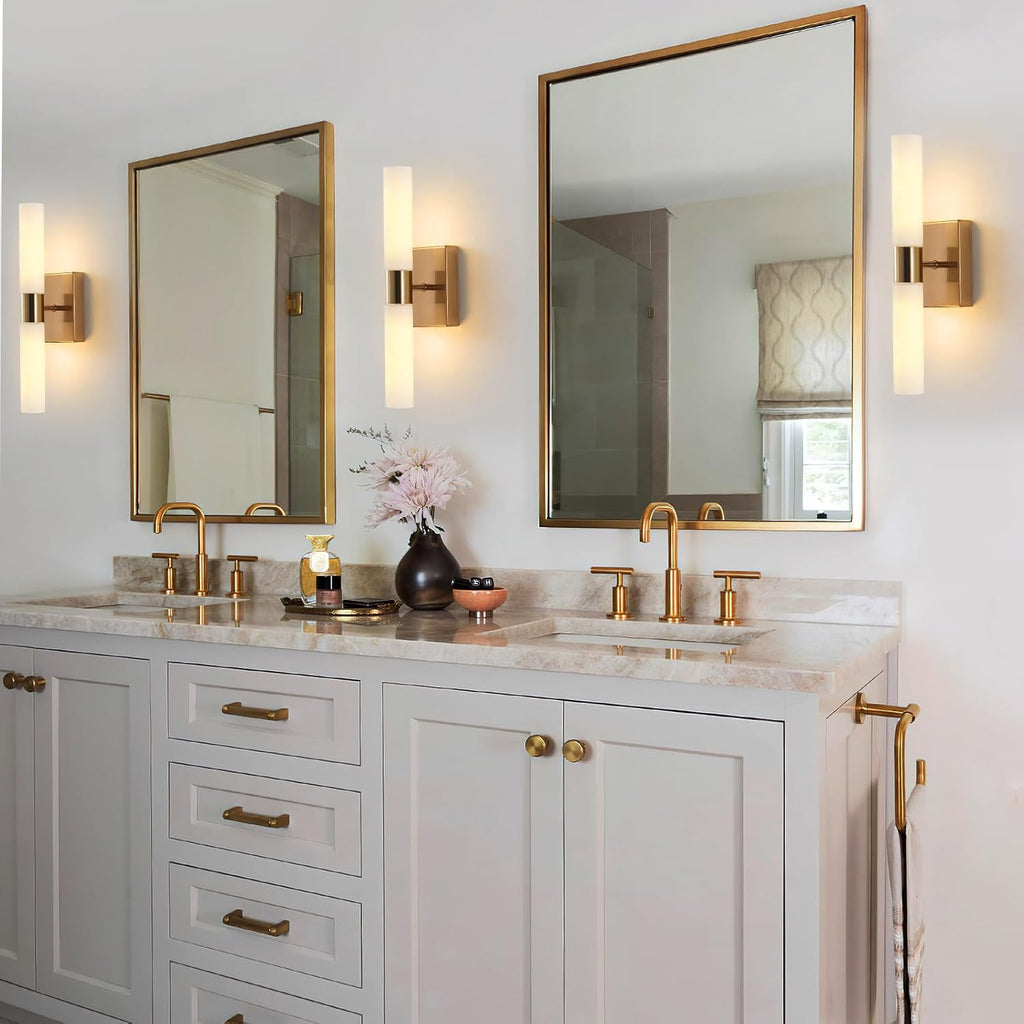 Modern Wall Sconces, Set of 2 Brushed Brass Gold, Frosted Glass Shade, Indoor Wall Mounted Lights, Bathroom Sconces