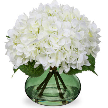 White Hydrangeas Floral Arrangement in Glass Vase Artificial with Vase with Faux Water Silk Faux Fake Floral Bulk