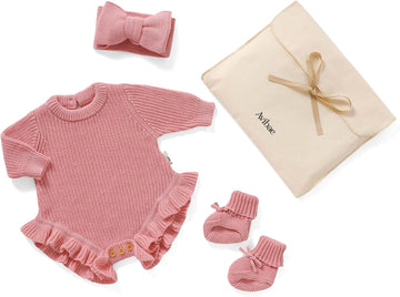 Cotton Newborn Set with Knit Sweater, Hair Band, Booties, Baby Girls