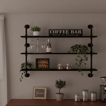 Industrial Pipe Shelving Rustic Black Wall Shelves with Wood Planks Industrial Floating Shelves 48 Inch 3 Tier