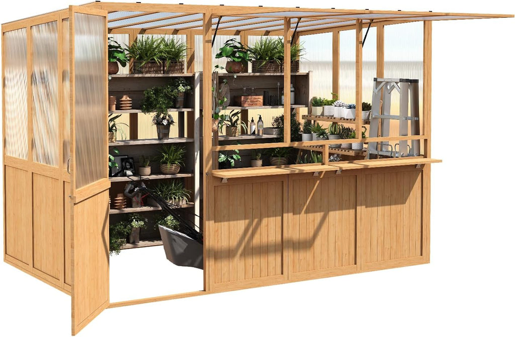 6x10 Ft Wood Greenhouse for Outdoors | Walk-in Lean to GreenHouse, Openable Window & Lockable Door, Reinforced Frame