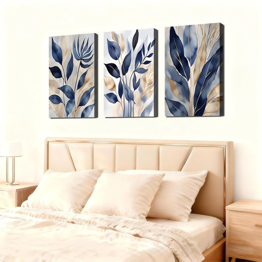 Blue and Gold Botanical Set of 3 Canvas Wall Art, Elegant Leaf Prints Pictures, Large Modern Neutral Paintings