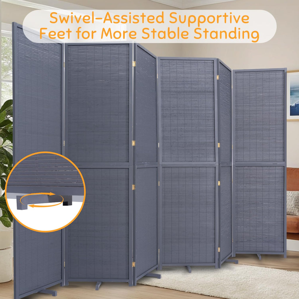 Bamboo Mesh Woven Room Divider 5.6FT, 6 Panel Folding Privacy Screen, Grey
