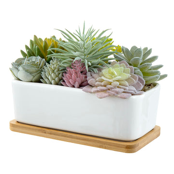 Faux Succulent Plant Arrangement, White Ceramic Pot with Bamboo Tray