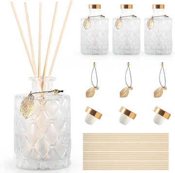 Glass Reed Diffusers Bottles, Diffuser Bottles with Reed Diffuser Sticks, Vintage Embossed Apothecary Style - Set of 3