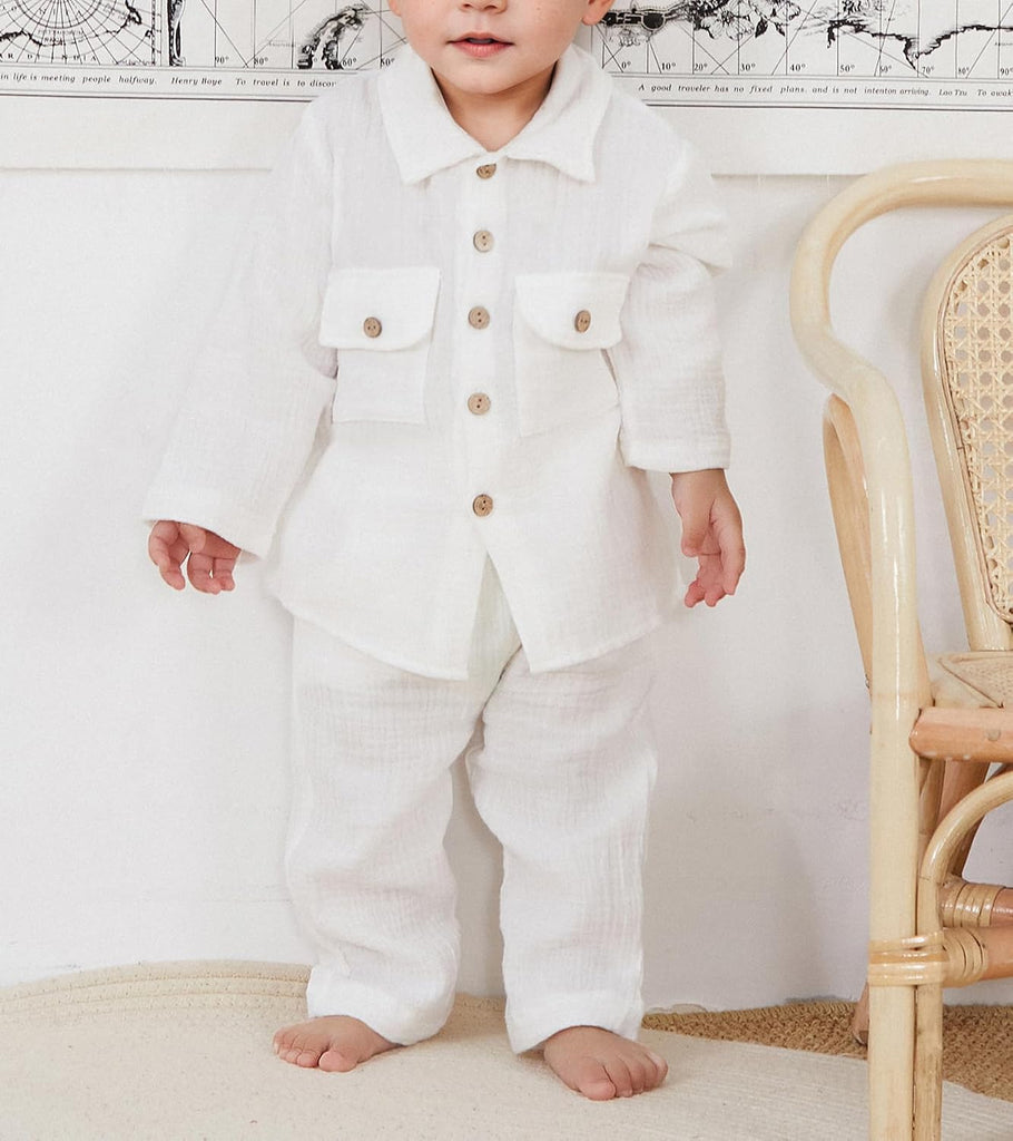 Toddler Boy Linen Outfit Baby Boy Fall Winter Clothes Set Button-Down Shirt Tops Cotton Linen Pants 2PCS