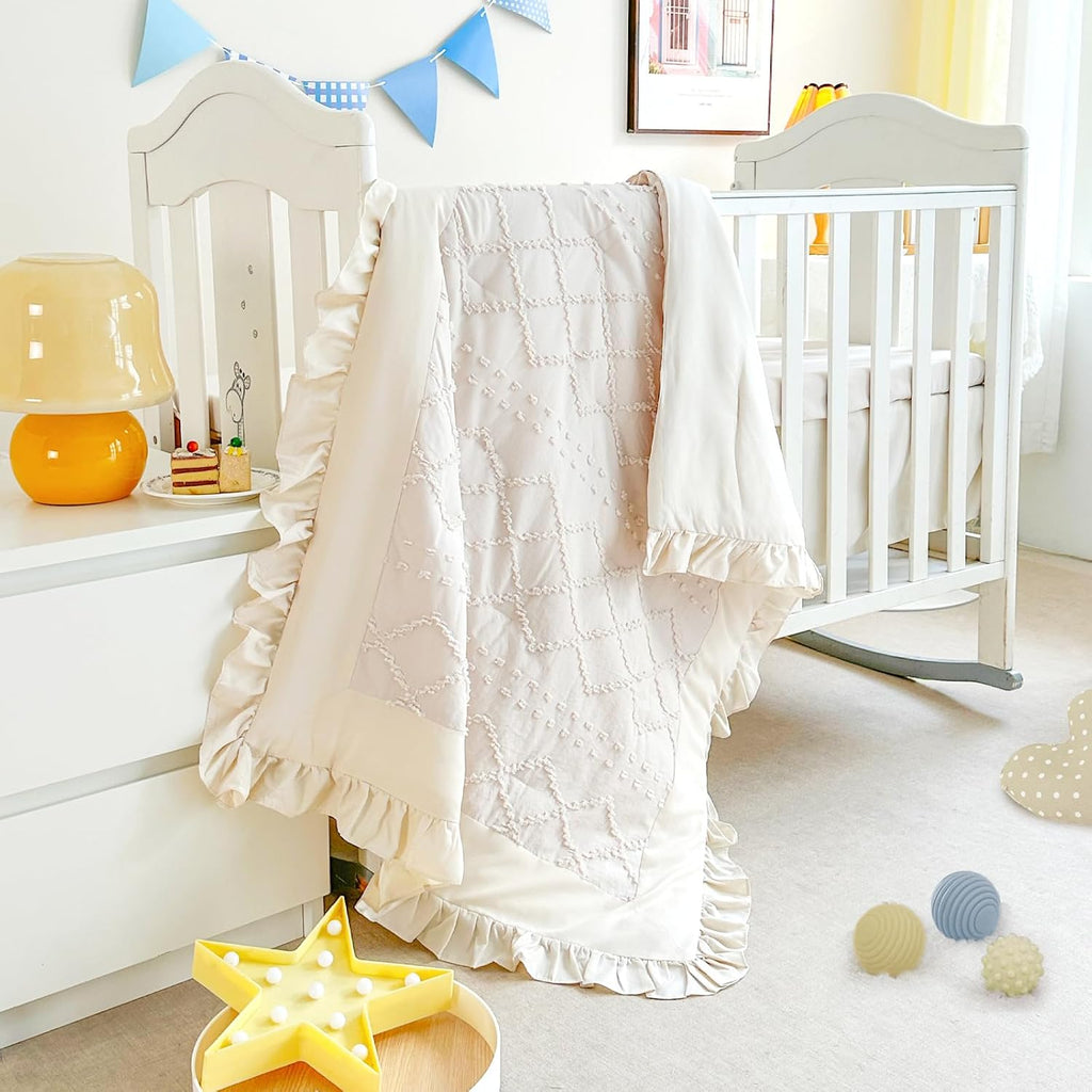 Crib Bedding Set for Girls, 3 Pieces Baby Crib Bedding Set Newborn, Mini Tufted Jacquard Ruffle Fringe Boho, Infant &