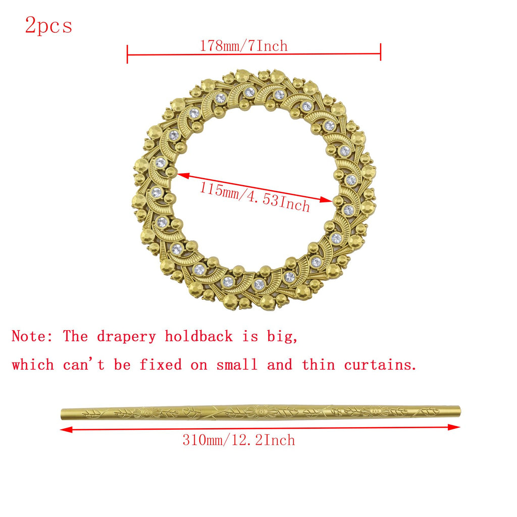 Gold Curtain Tiebacks, Round Drapery Holdbacks, 20 Crystals - 2 Pack