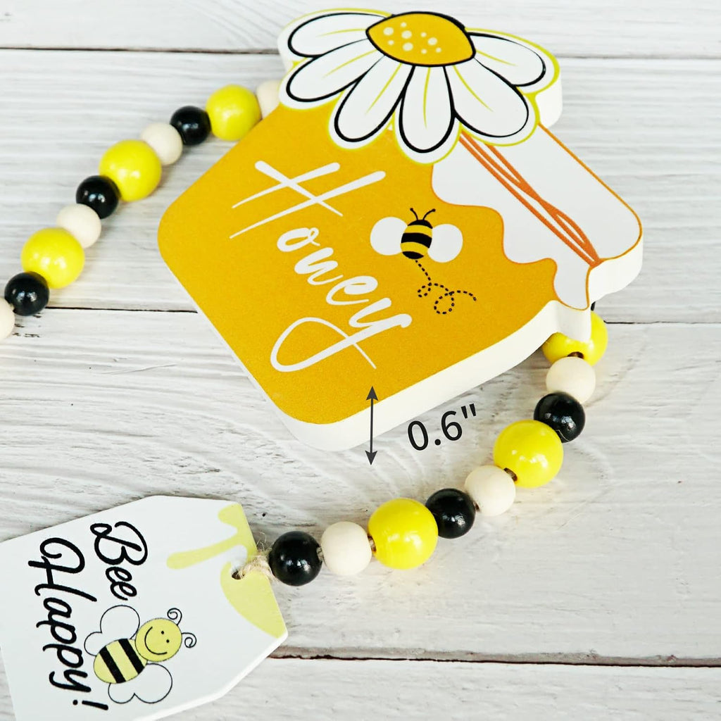 Bee Tiered Tray Decor Set, Summer Farmhouse Decor with Gnome, Bee Hive, Sunflower Wood Signs & Garland, Rustic - Set of 6