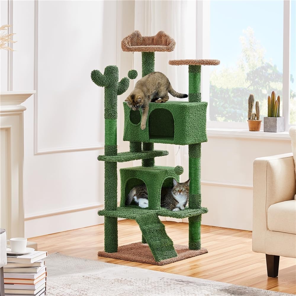 Cactus Cat Tree for Indoor Cats, Green Multi-Level Tower
