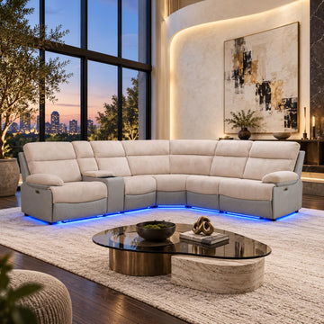 Power Reclining Sectional Sofa, L-Shaped Air Leather Couch with LED Lights, Wireless Charging, Drop-Down Table, Cup