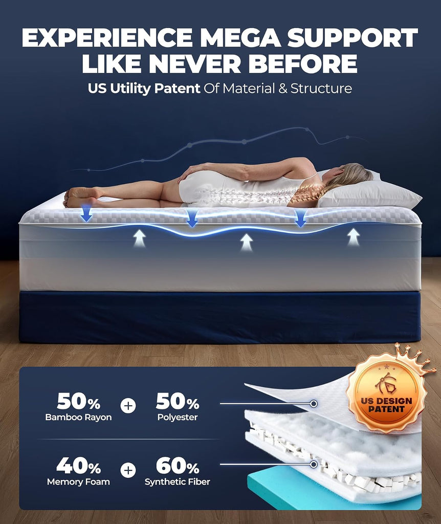 5 Inch Mega Support Memory Foam Queen Mattress Topper for Pressure Relief, Dual Layer 2.5" Pillow Top Mattress Topper