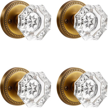 Door Knob Antique Brass Passage Crystal Glass Interior 4 Pack