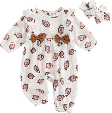 Newborn Baby Girl Football Outfit Rugby Print Ruffle Jumpsuit Puff Sleeve Linen Romper Headband Fall Clothes
