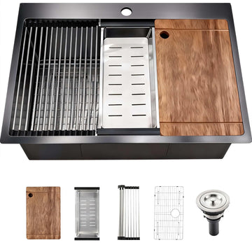 Black Stainless Steel :33in Single Bowl Workstation&Accessories