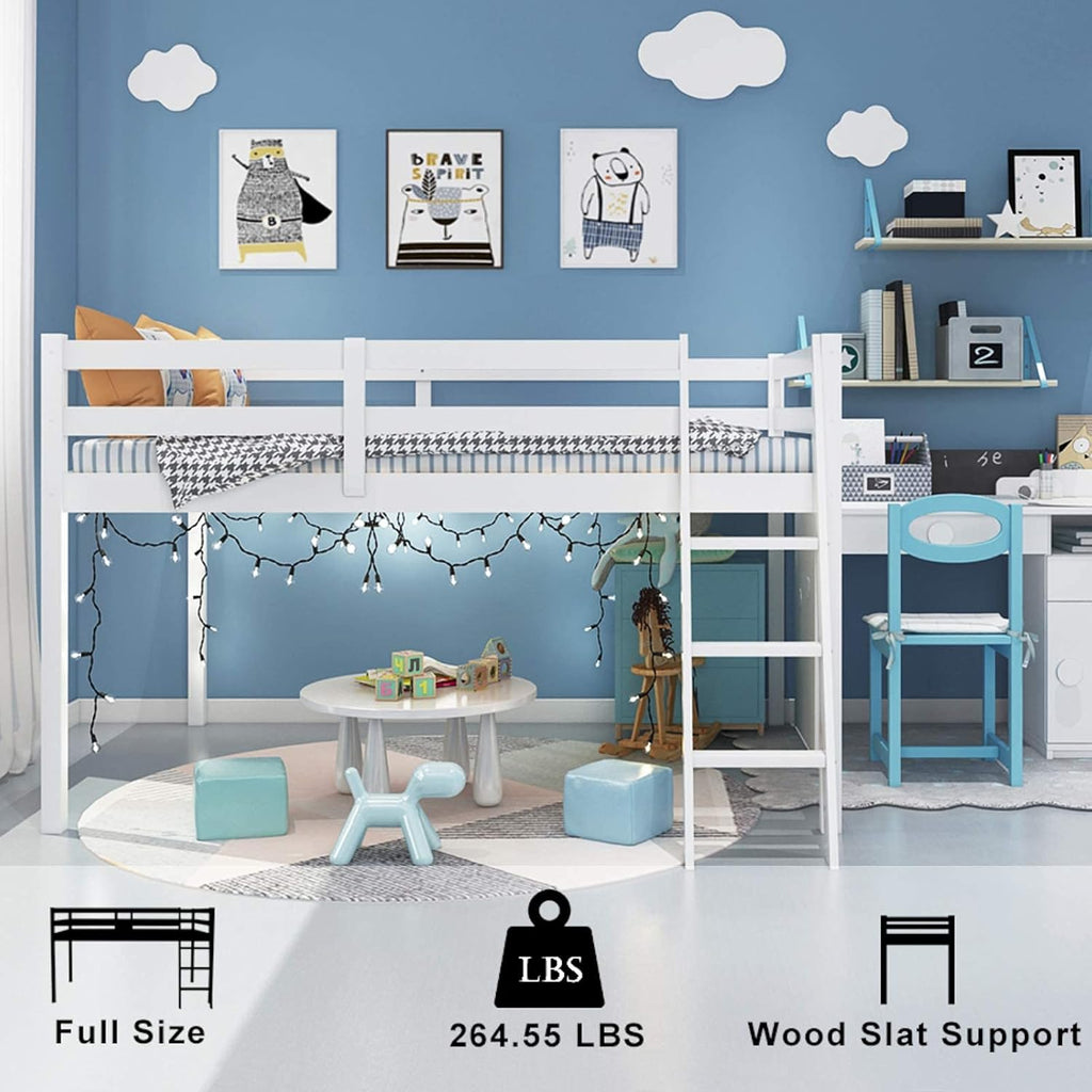 Junior Low Loft Bed with Stairs, White Wood Loft Bed Full for Adults, Kids and Young Teens
