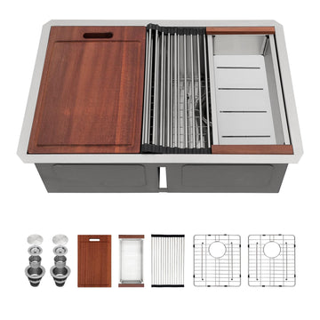 28 Undermount Kitchen Sink Double Bowl - 28x19 Inch Undermount Sink Stainless Steel 16 Gauge Ledge Workstation Sinks