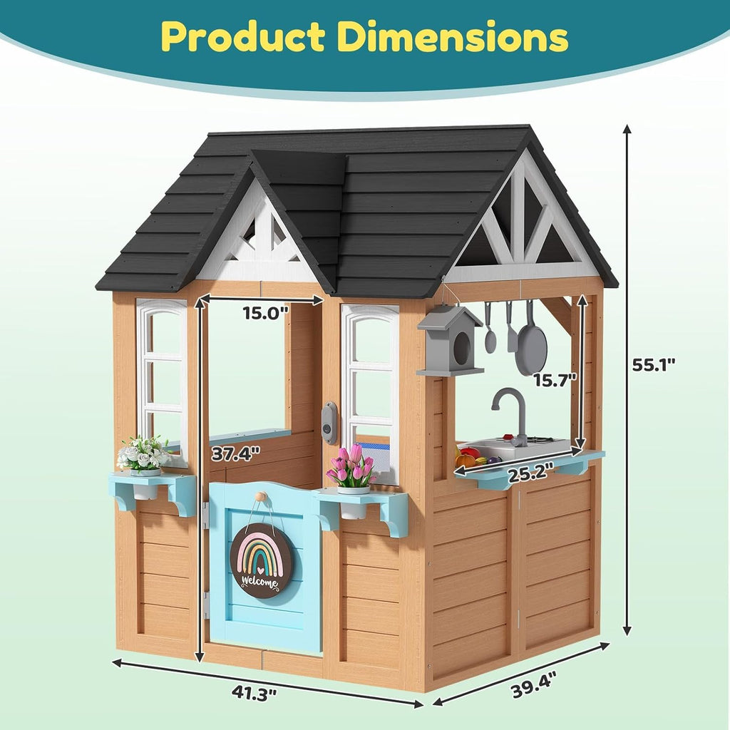 Outdoor Playhouse for Kids - Wooden Kid Play House with Play Kitchen, Birdhouse, Flowerpot Holders and Mud Molds