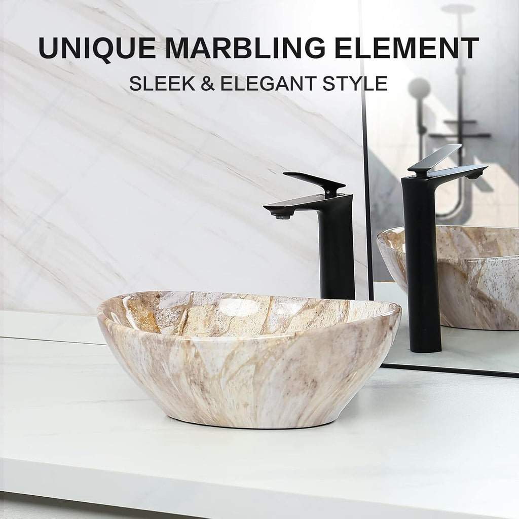 16'' X 13'' Nordic Marbling Oval Vessel Sink with Pop Up Drain,Ceramic Vessel Sink,Bathroom Sinks Above