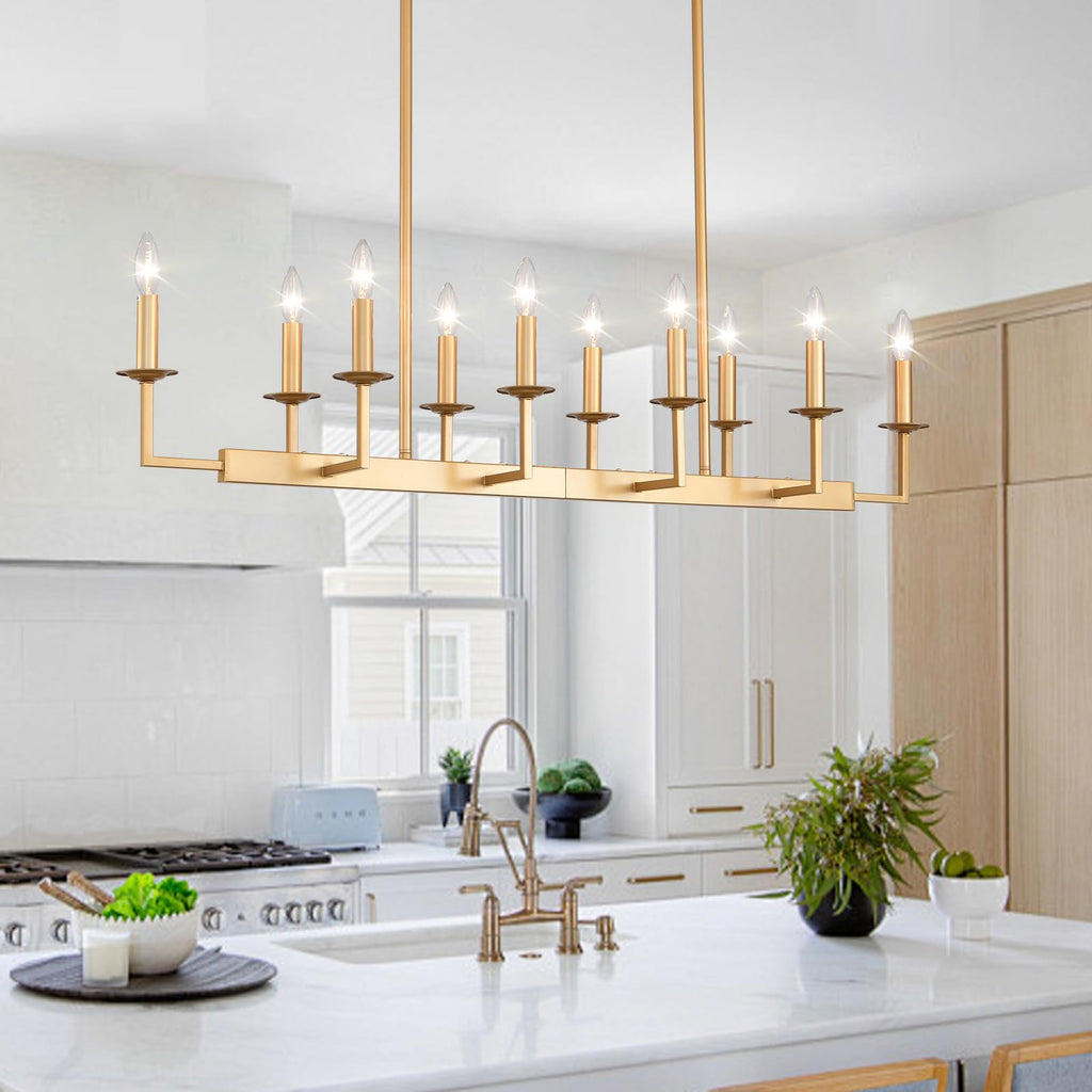 Rustic Gold Linear Chandelier,Extra Long Candle Chandelier,Gold Light Fixture Living Room Kitchen Island