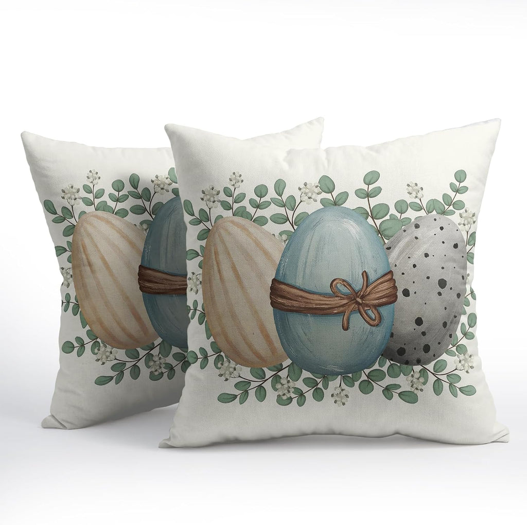 Easter Pillow Covers 18x18 Spring Throw Pillow Covers Rustic Cute Eggs Pillowcase Linen Decoration Farmhouse - Set of 2