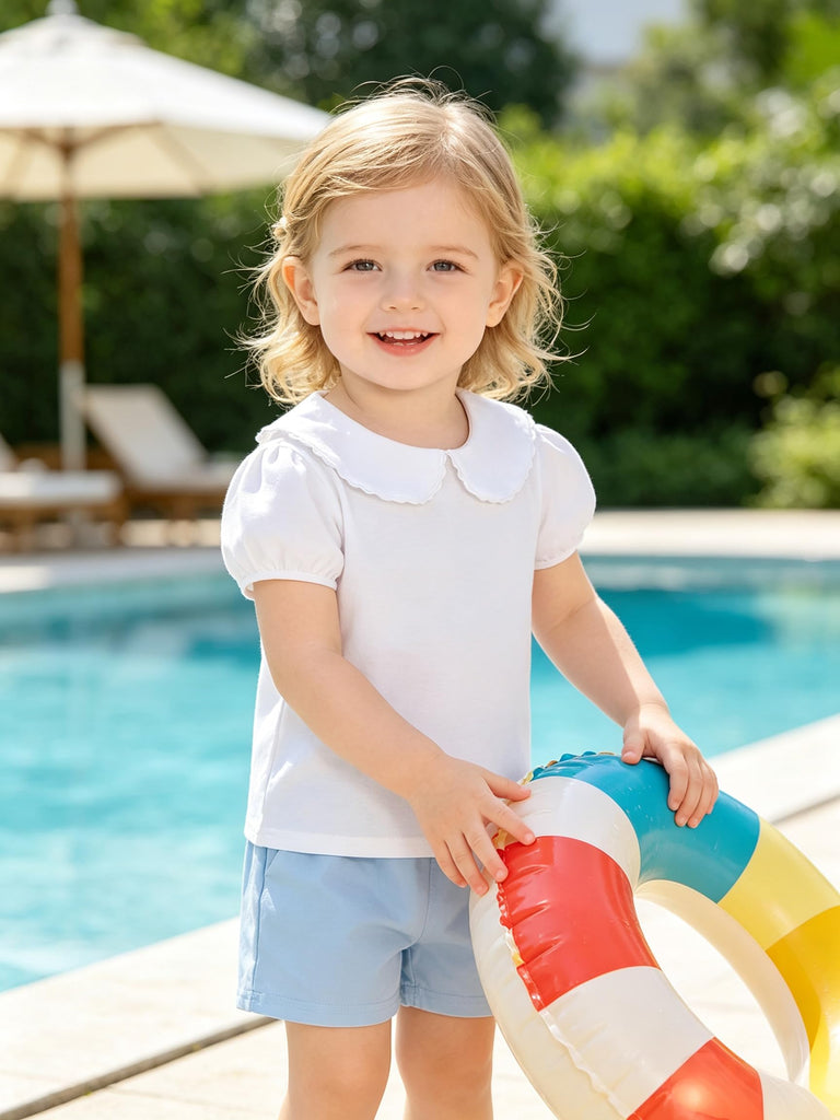 Toddler Baby Girls Peter Pan Collar Blouse Kids Girl Solid Color Puff Sleeve T-Shirts Casual Tee Tops