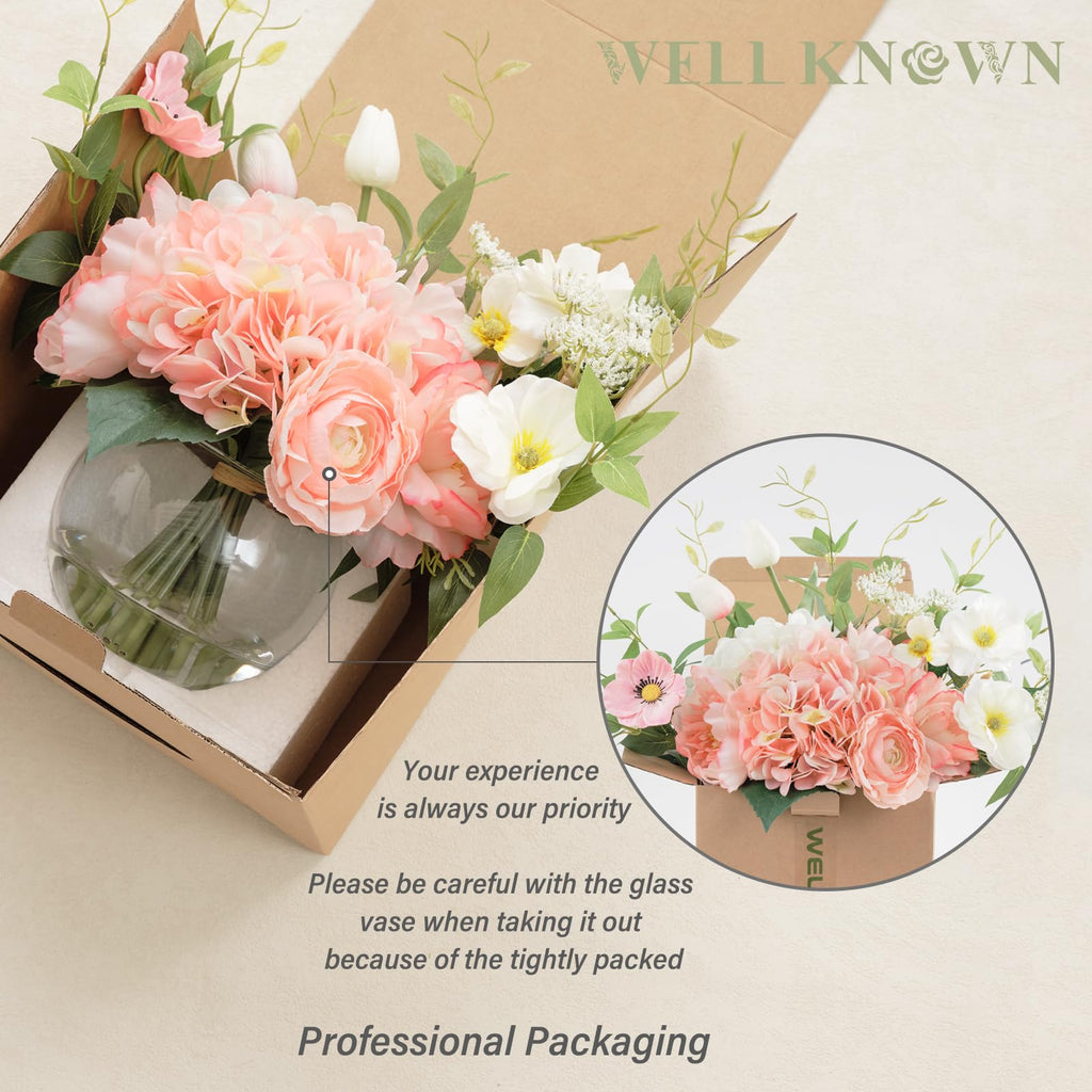 Artificial Flowers in Vase, Fake Silk Peony Tulip Hydrangea Pink & White Flower Bouquet Arrangement with Faux Water