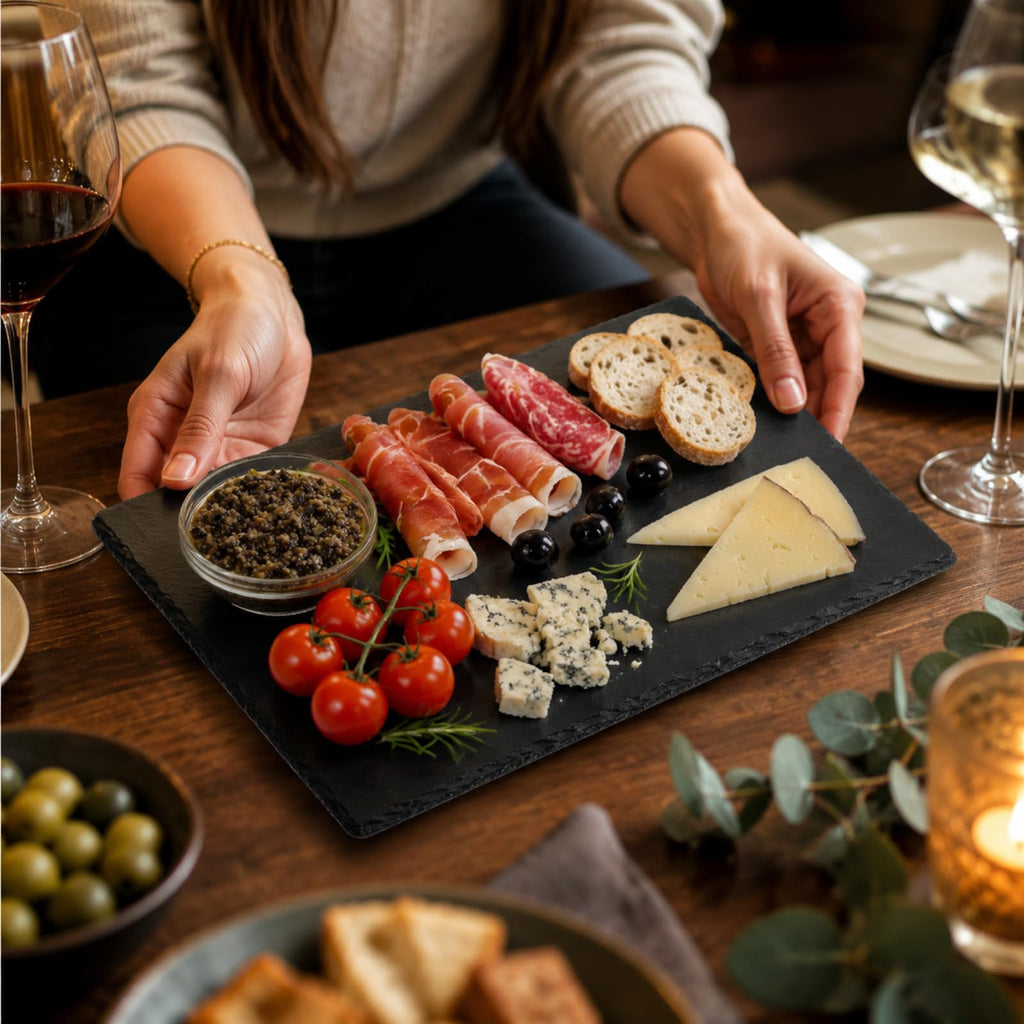 6 Pieces Slate Cheese Board, 12" x 8" Black Charcuterie Boards Natural Slate Stone Plate Tray, Gourmet Serving
