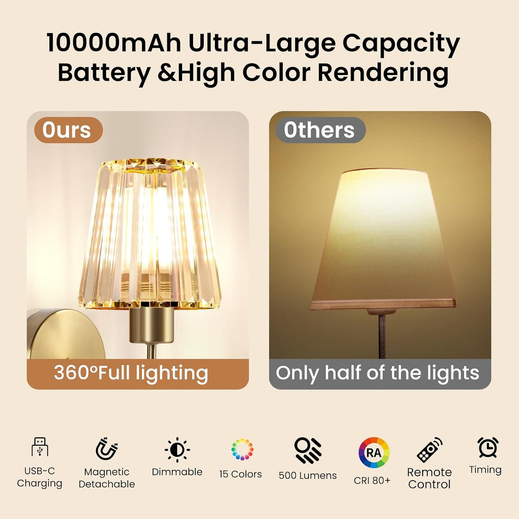Wireless Sconces Wall Decor Set of 2，Rechargeable Battery Operated Wall Sconce with Remote, 15 Color Dimmable Wall