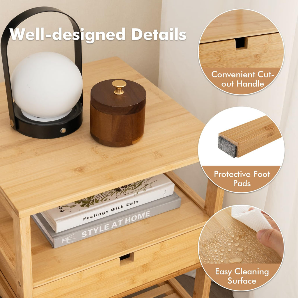 Bamboo Nightstand Set of 2, Wood Side Table with Drawer & Shelf