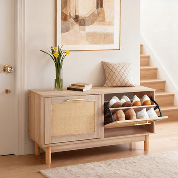 Rattan Shoe Storage Bench, Entryway Bench with 2 Flip Drawers, Holds up to 300 lbs with 4 Compartments and 2 Rattan