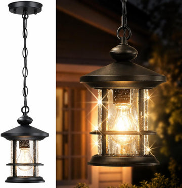 Vintage Hanging Porch Lantern, Matte Black Outdoor Pendant Light with Seeded Glass