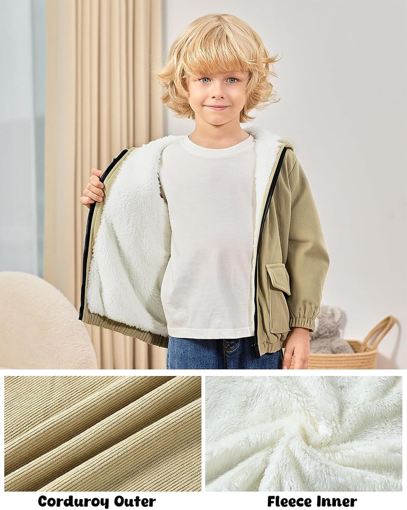 Boy Corduroy Jacket Hooded Zip-up Coat Winter Outwear
