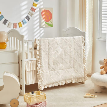 Mini Crib Bedding Set 3 Pieces Baby Boho Quilted Tufted Ruffles Comforter with Fitted Sheet and Ruffled Bed Skirt