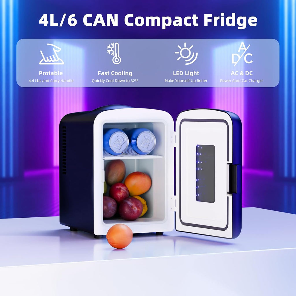 Mini Compact Refrigerator with Gaming Light, 4L Capacity/6 Cans Portable Mini Fridge, for Bedroom,Car,Office and Dorm