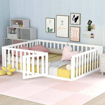 Montessori Floor Bed Frame with High Fence and Door, Full Floor Bed for Kids, Girls & Boys, Easy Assemble Montessori