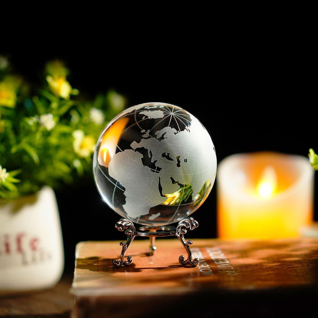 3.15in Crystal Earth Globe with Stand Glass World Globe Paperweight