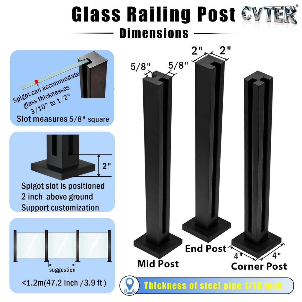 Glass Railing Post, 24/31/35/41/47 inches, 304 Stainless Steel Glass Railing System with Slots, Heavy Duty Spigot