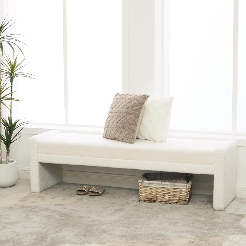 66.9" W Modern Boucle Shoe Bench King Size End of Bed Bench, Ivory. | Shoe Ottoman Upholstered King Size End of Bed