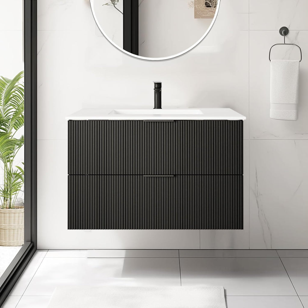 30" Black Wall Mounted Floating Bathroom Vanity with Sink - Modern Vanity Cabinet