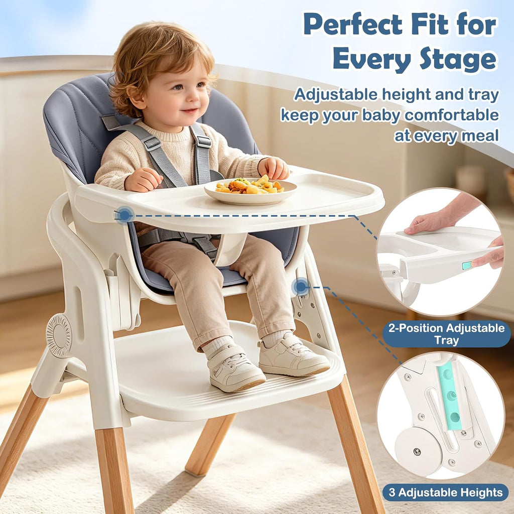Foldable Baby High Chair, 4-in-1 Convertible Wooden Baby Highchairs (Beige)