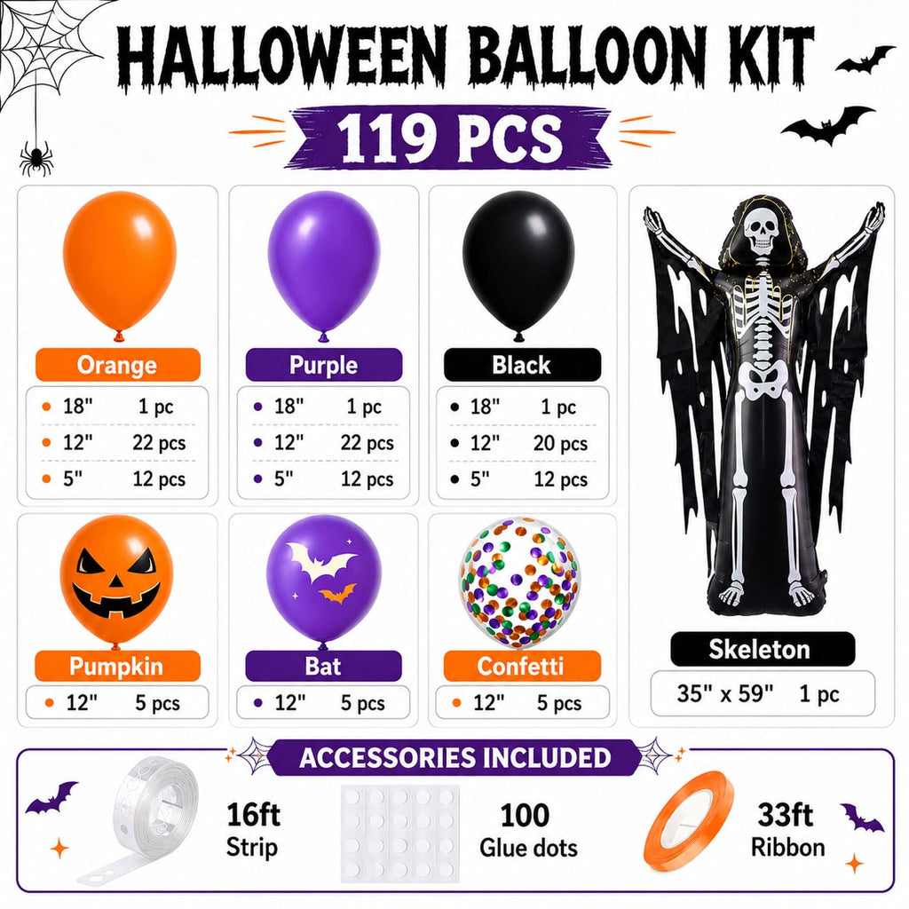 Halloween Balloon Arch Kit, Skeleton Foil Balloon, 119 Pcs