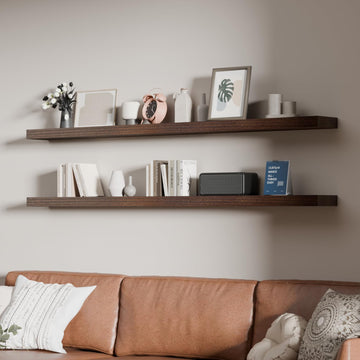 60 inch Long Floating Shelves for Wall, Solid Wood Long Shelves Set of 2, Walnut Rustic Mounted Shelves Bedroom Laundry