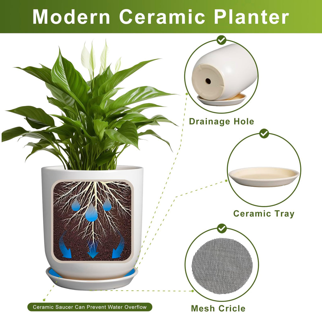 Plant Pot 12 inch - Ceramic Pot for Plants Indoor Outdoor Large Planter Pot with Drainage Hole and Saucer Mid-Century