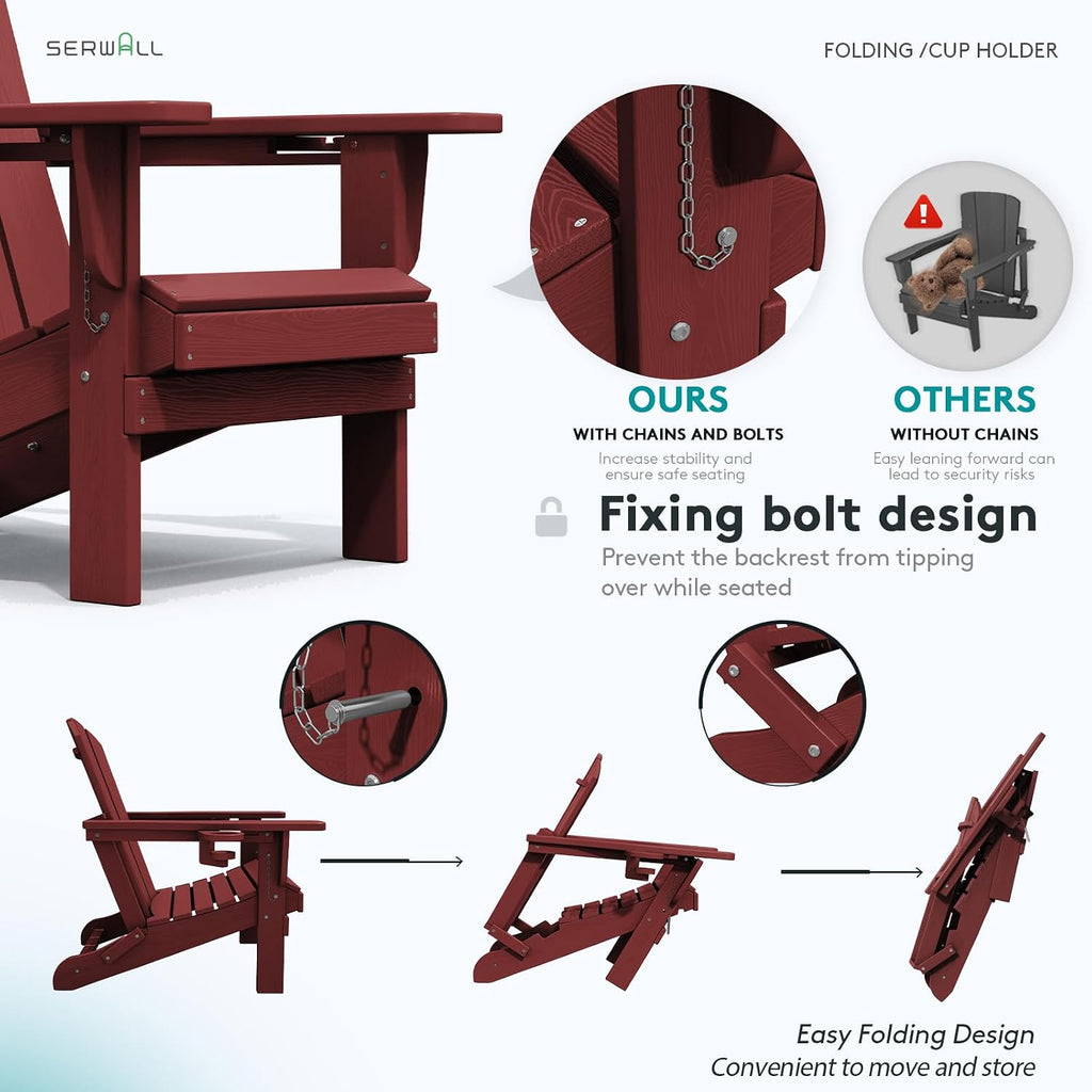 Outdoor Adirondack Chair Set of 2 with 2 Cup Holders,Foldable,Red | HDPE Composite,Waterproof,Wood Grain,Cup & Phone