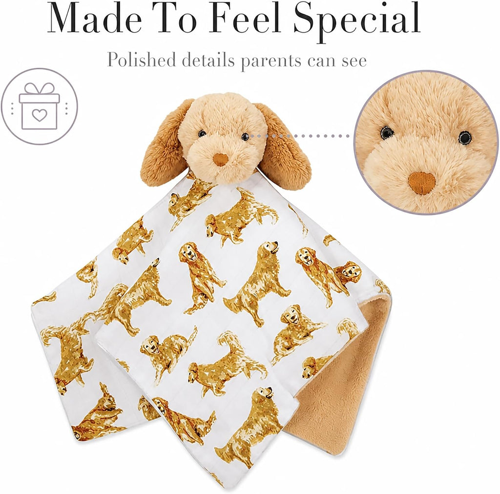Golden Retriever Woobie Lovey Blanket, Plush Baby Security Blanket with Chime Rattle and Minky Lining