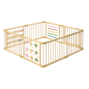 Natural Wood Baby Playpen - 8 or 10 Panel Foldable Play Yard with Door Panel and Built-in Toys, CPC Certified & SGS