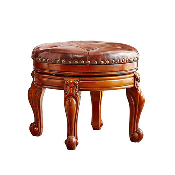 Solid Wood Foot Stool Round Ottoman Mid-Century Footrest Sofa Stool with Microfiber Leather Cushion (Brown)