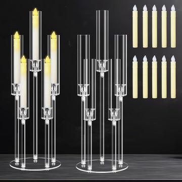 2 Sets 5 Arms Acrylic Candelabra Centerpieces for Tables, 27" Clear Candle Holder,Candlesticks Holder with LED Candles